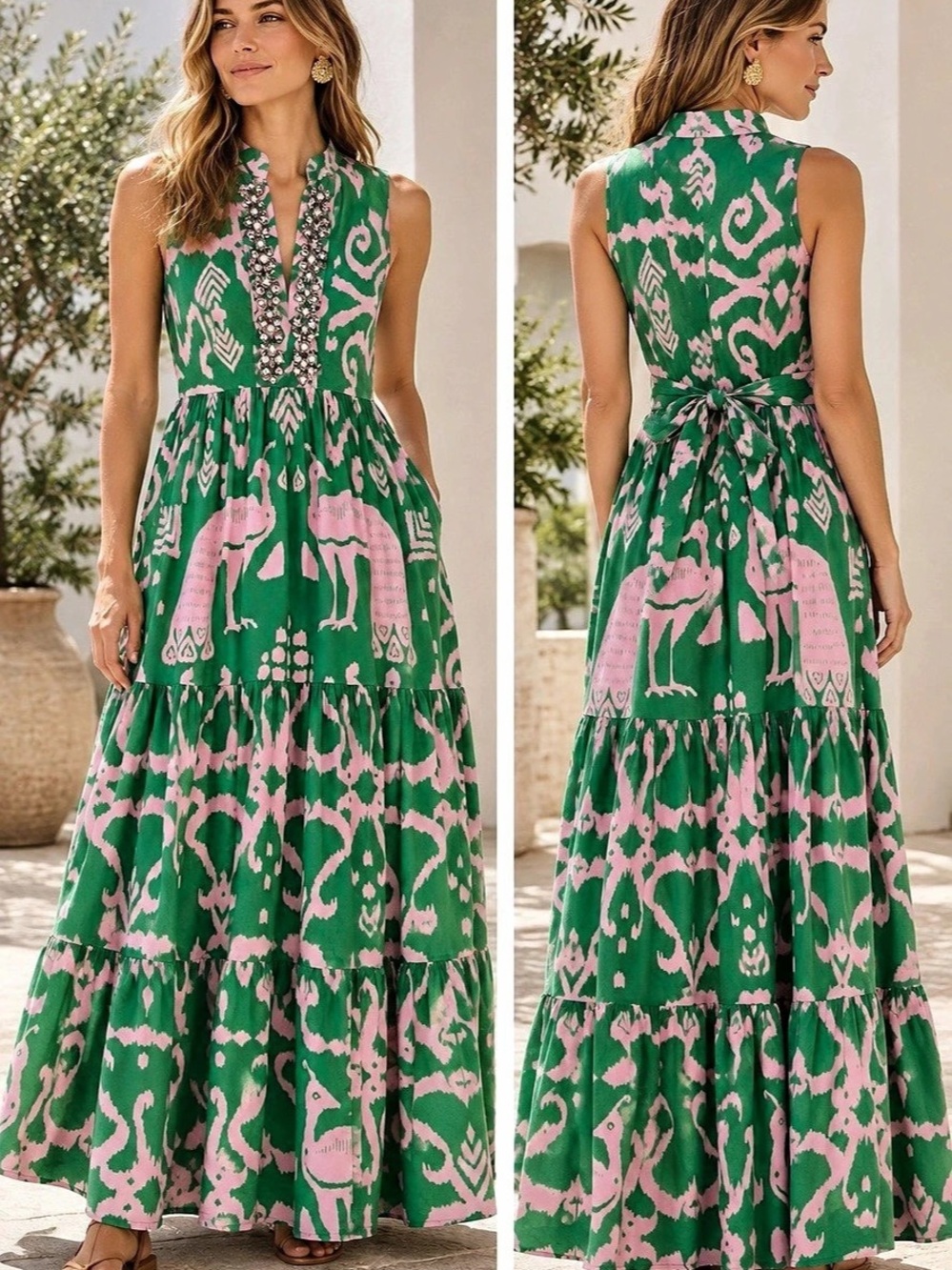 Sheridan French Maxi Dress S Green Pink Elephant Ikat Embellished Cotton Like Ne